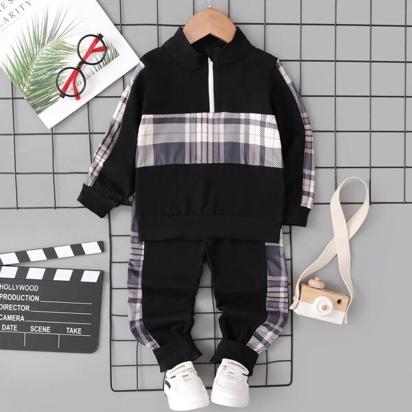 

Toddler Boys Plaid Panel Half Zip Sweatshirt & Sweatpants, Black