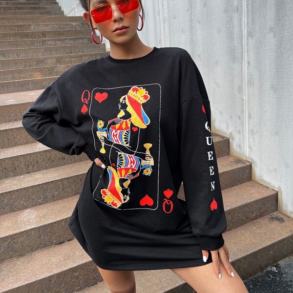 

Drop Shoulder Playing Card Print Pullover, Black