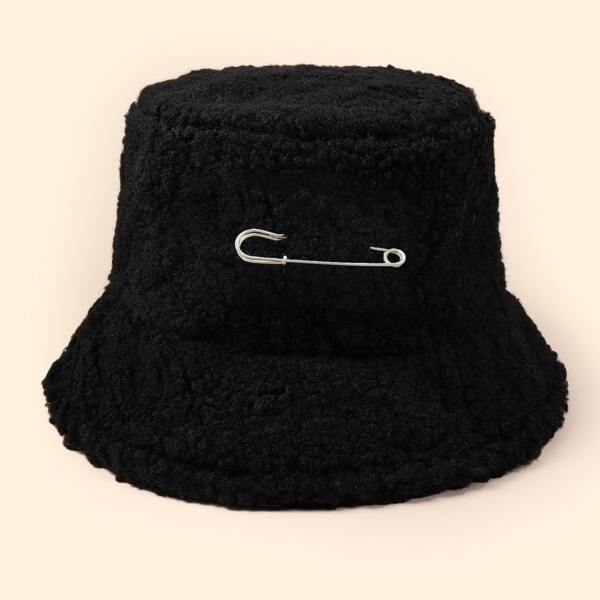 

Safety Pin Decor Fuzzy Bucket Hat, Black