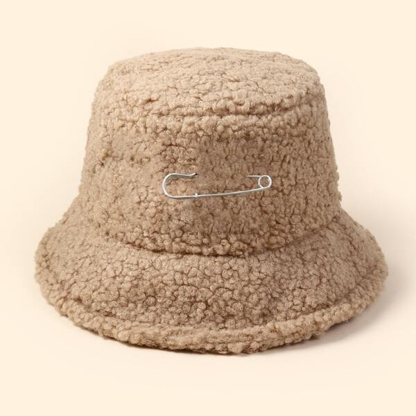 

Safety Pin Decor Fuzzy Bucket Hat, Khaki
