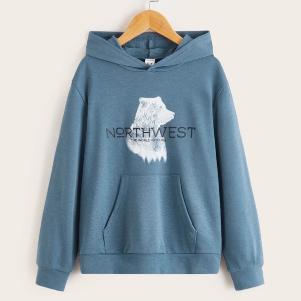 

Boys Bear & Slogan Graphic Hoodie, Dusty blue