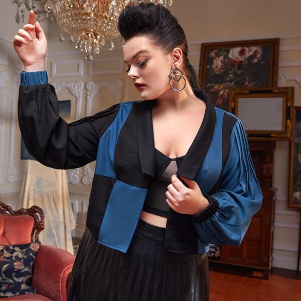 

Plus Color Block Plicated Lantern Sleeve Jacket, Multicolor