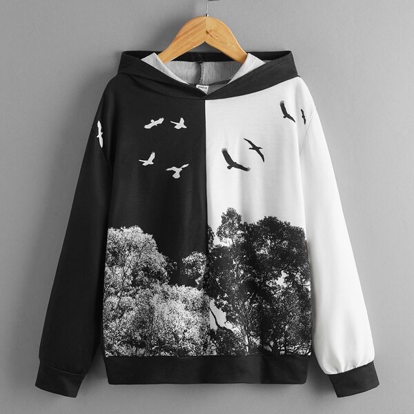 

Boys Bird & Tree Print Colorblock Hoodie, Black