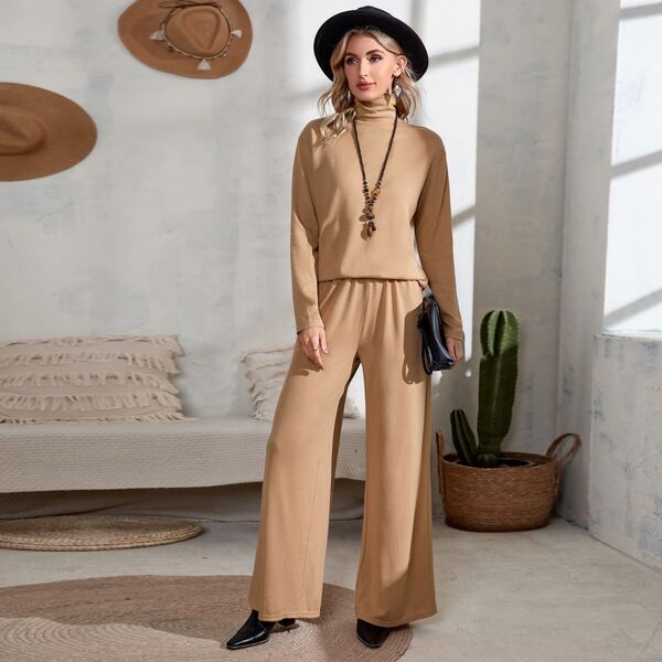 

High Neck Drop Shoulder Top & Wide Leg Pants, Khaki
