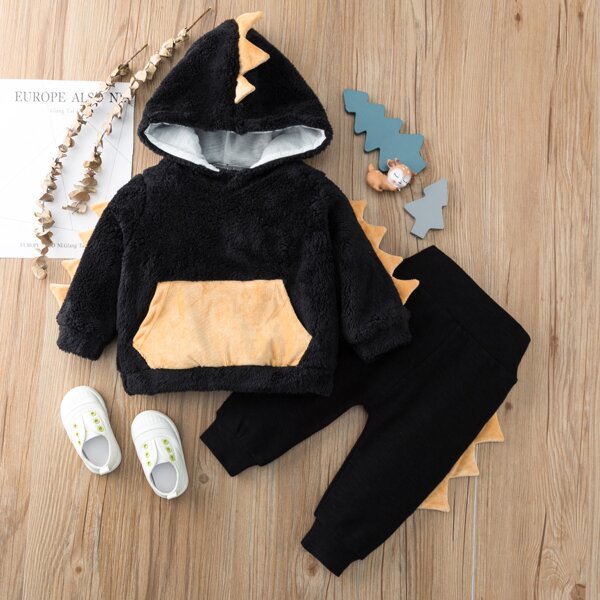 Baby Flannel 3D Triangle Design Hoodie With Pants, Black