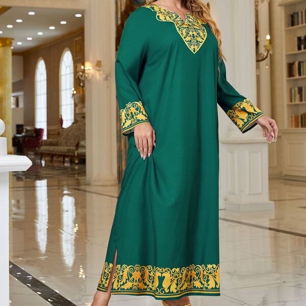

Plus Scroll Print Notched Neck Tunic Dress, Green