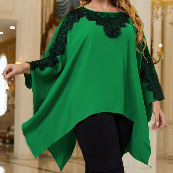 

Plus Contrast Eyelash Lace Dolman Sleeve Blouse, Green