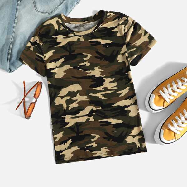

Round Neck Camo Print Tee, Multicolor