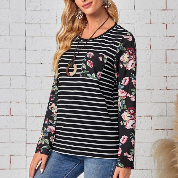 

Striped & Floral Print Pocket Patched Tee, Multicolor