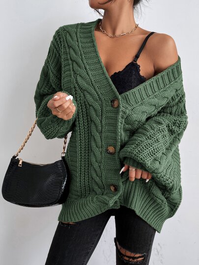SHEIN Solid Button Front Cable Knit Cardigan,Long Sleeve Tops Fall Winter Cloth For Women