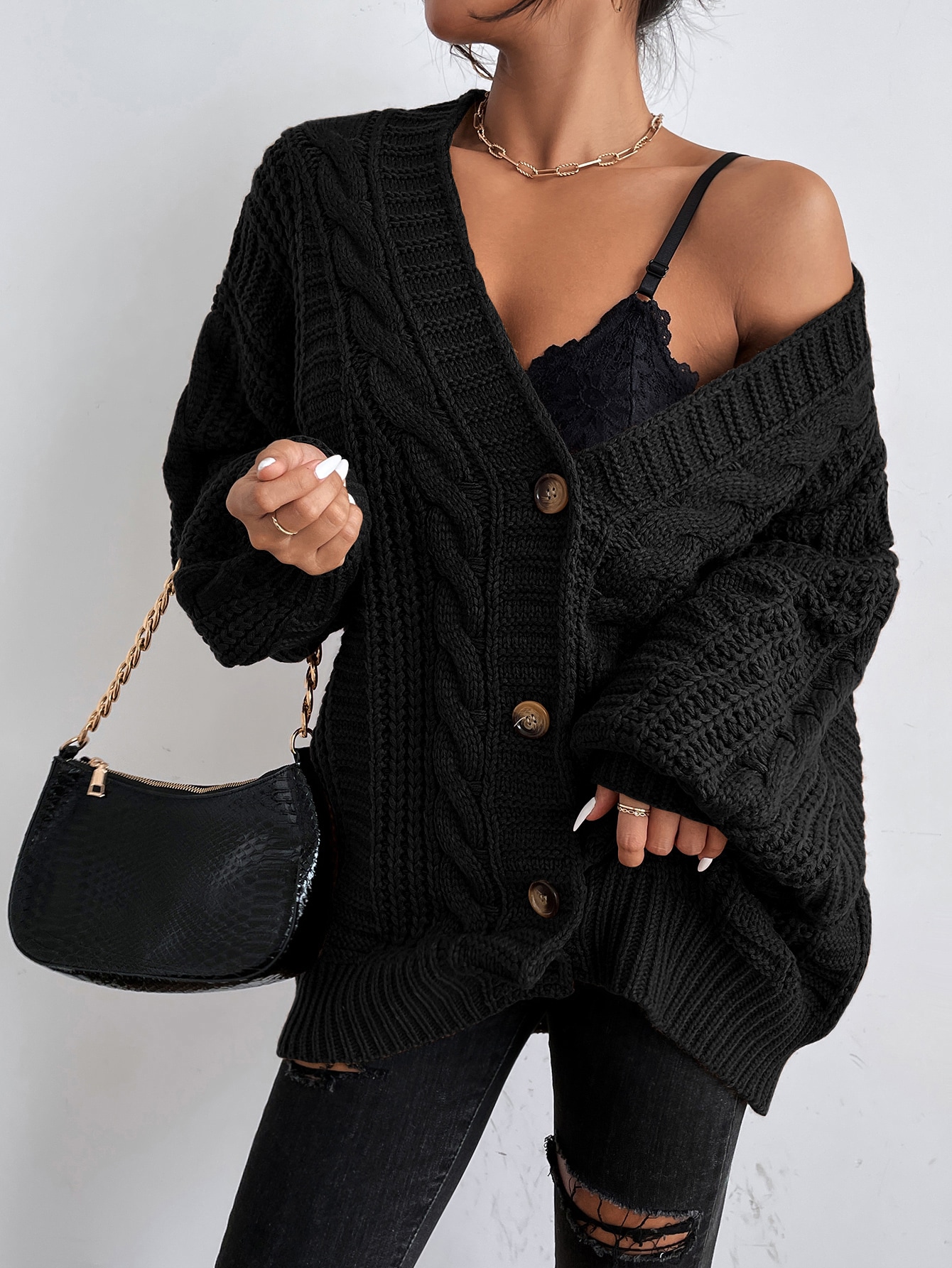 SHEIN Frenchy Solid Button Front Cable Knit Cardigan | SHEIN UK