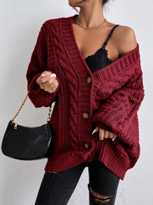 SoleilVie Solid Button Front Cable Knit Cardigan,Long Sleeve Tops Fall Winter Cloth For Women