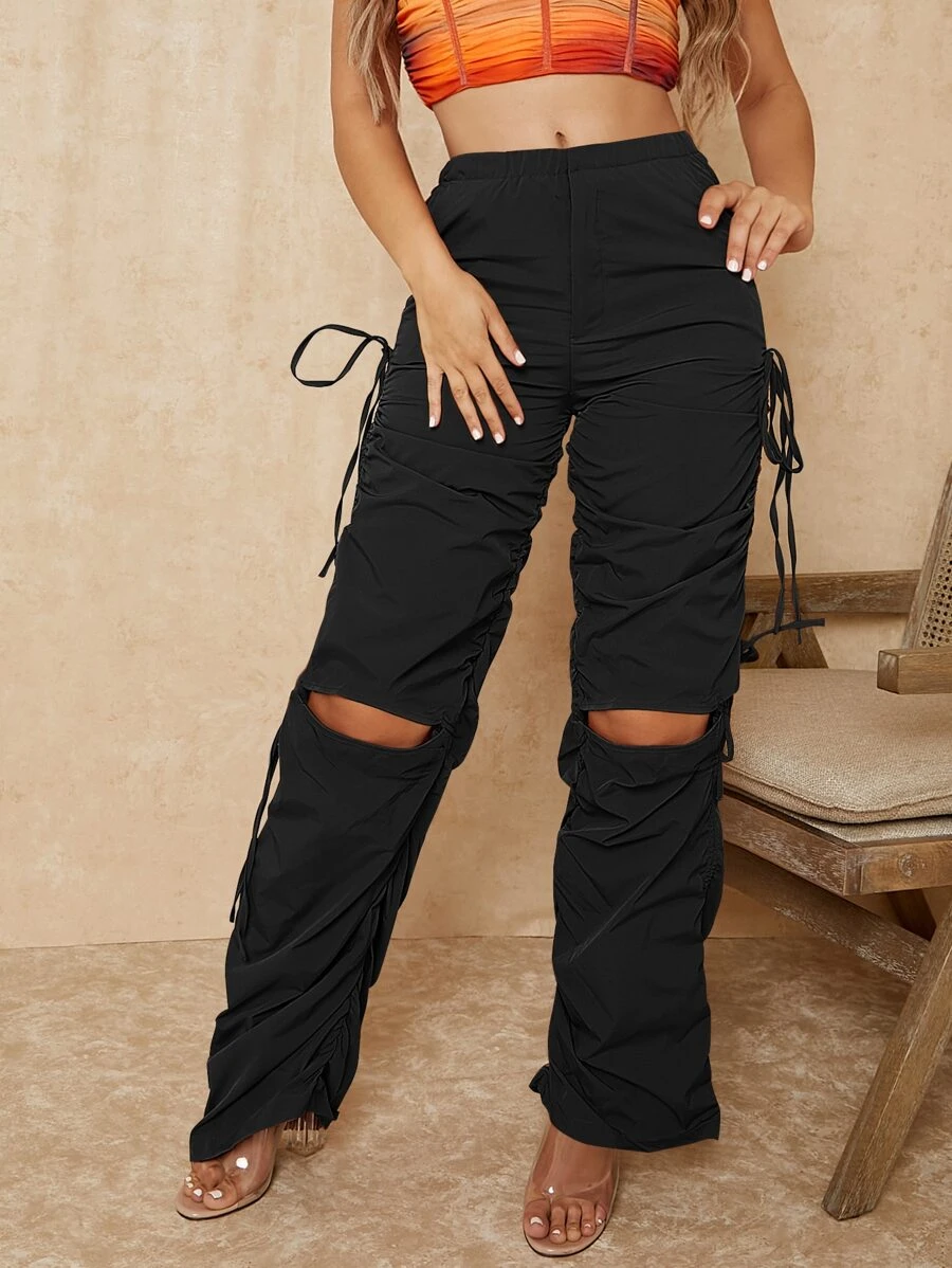 SHEIN SXY Quần nữ Cắt ra Dây kéo Túi Xù màu trơn Giải trí - màu đen - Xem 1