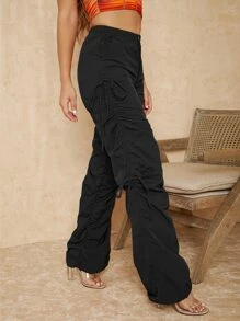 SHEIN SXY Quần nữ Cắt ra Dây kéo Túi Xù màu trơn Giải trí - màu đen - Xem 3