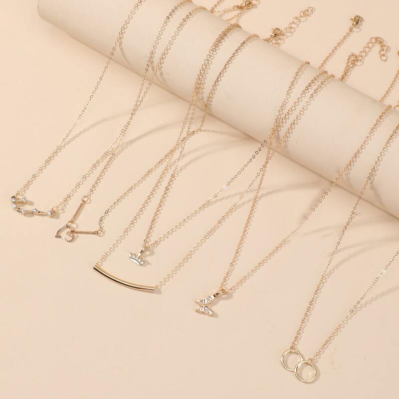 

5pcs Rhinestone Decor Chain Necklace, Gold