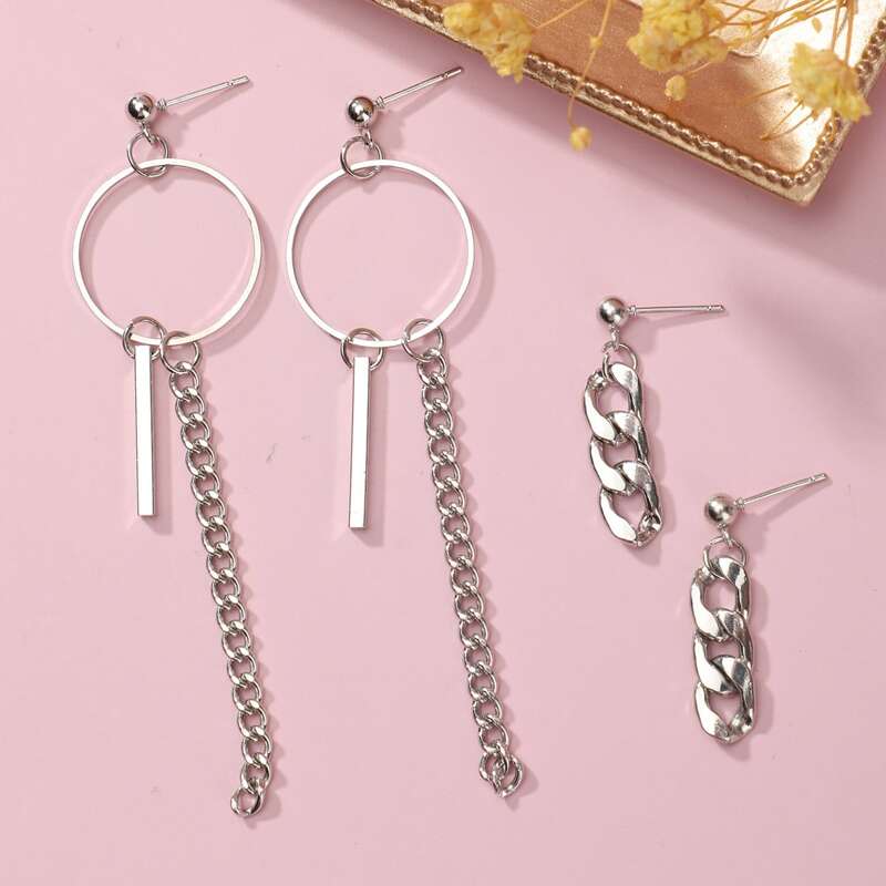 

2pairs Chain Design Earrings, Silver