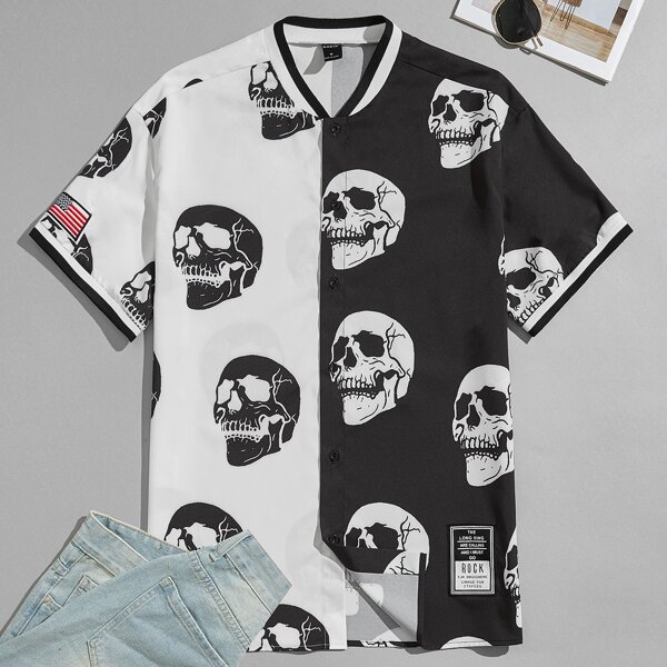 

Men Two Tone Skull Print Baseball Collar Patched Detail Shirt, Black and white