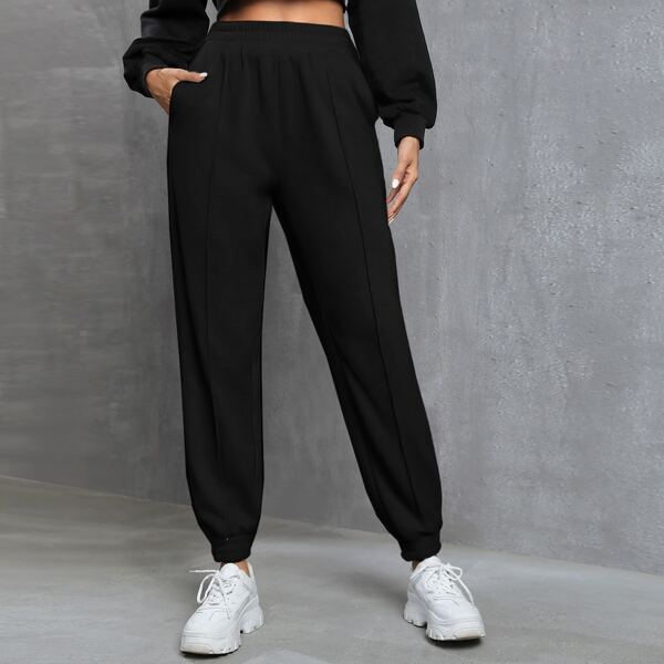 Elastic Waist Slant Pocket Press Crease Sweatpants, Black