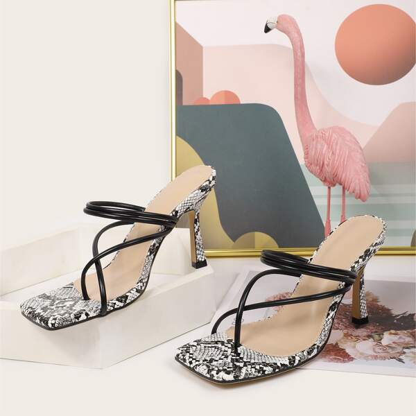 

Snakeskin Print Thong Sandals, Black and white