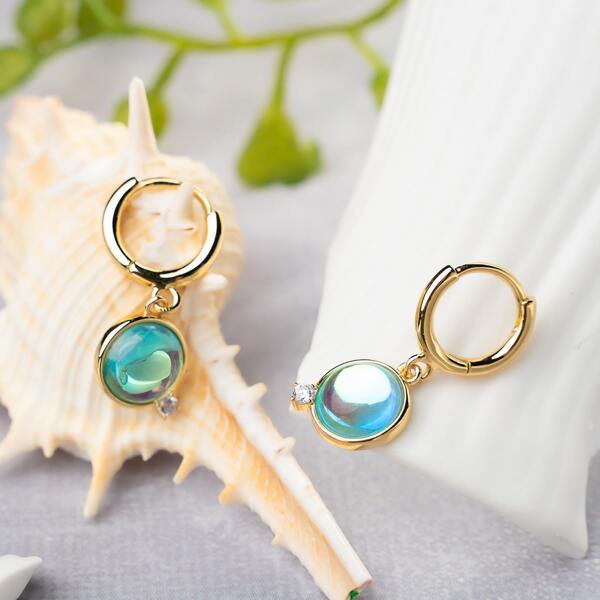 

18K Gold Plated Stone & Zircon Decor Drop Earrings, Blue