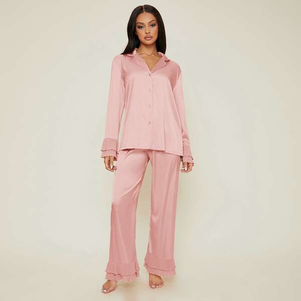 

Notch Collar Satin Blouse and Ruffle Hem Pants PJ Set, Dusty pink