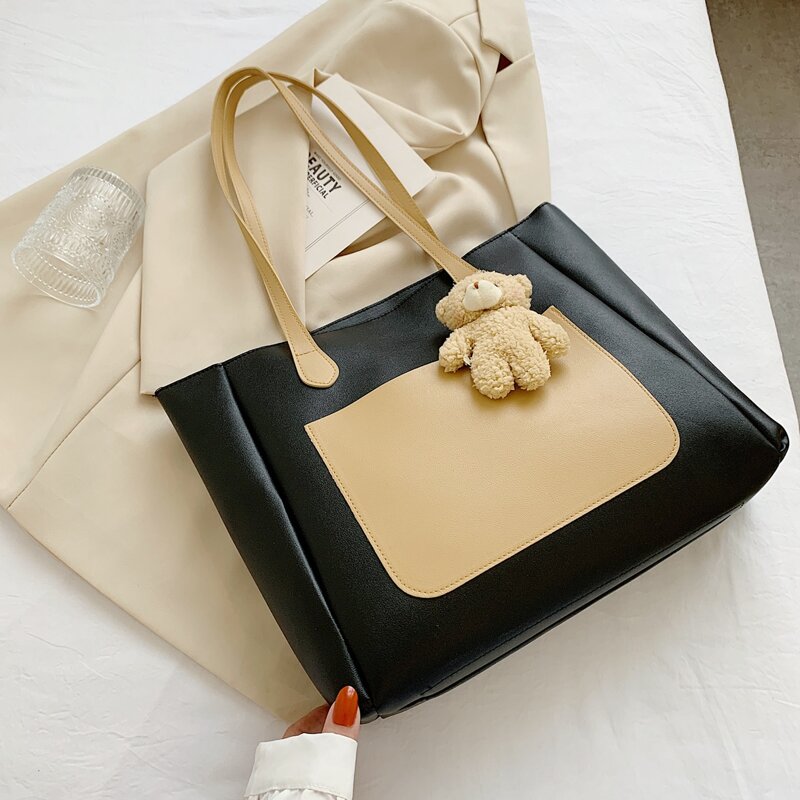 

Two Tone Pocket Front Tote Bag, Black