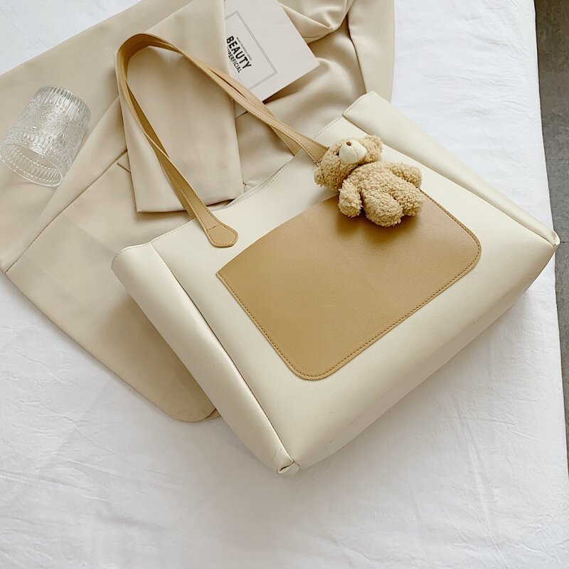

Two Tone Pocket Front Tote Bag, White