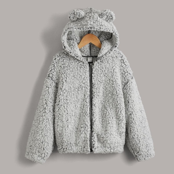 

Girls Drop Shoulder 3D Patched Hooded Fleece Jacket, Light grey