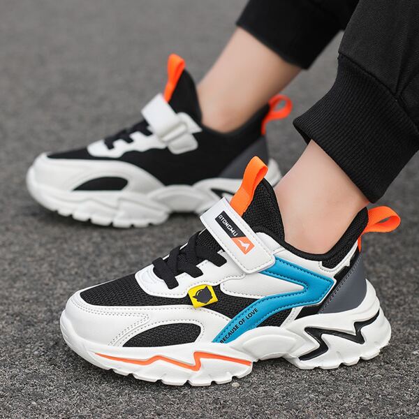 

Boys Colorblock Letter Graphic Velcro Strap Sneakers, Black and white
