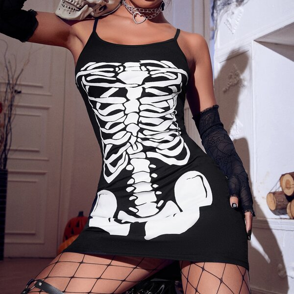 

Halloween Print Bodycon Cami Dress Without Oversleeve, Black and white