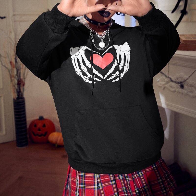 

Halloween & Heart Print Drawstring Hoodie, Black