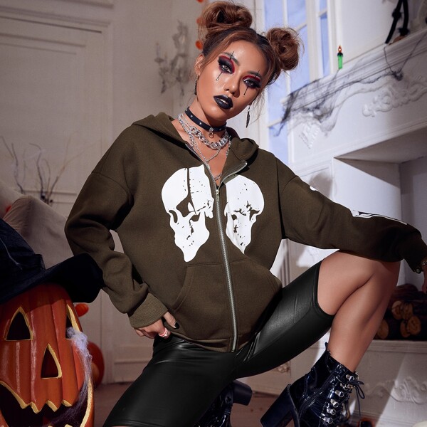 

Skull Print Kangaroo Pocket Drawstring Zip-up Hoodie, Coffee brown