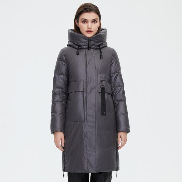 

Zip Up Drawstring Tape Detail Hooded Winter Coat, Dark grey