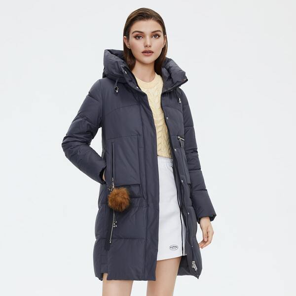 

Slant Pocket Zipper Up Hooded Winter Coat With Pompom, Dark grey