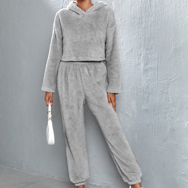 

Drop Shoulder Crop Flannel Hoodie & Pants, Light grey