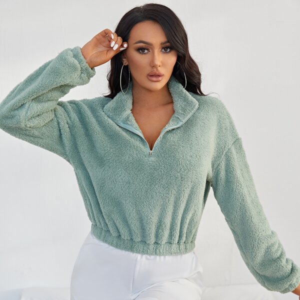 

Half Zip Placket Teddy Sweatshirt, Mint green