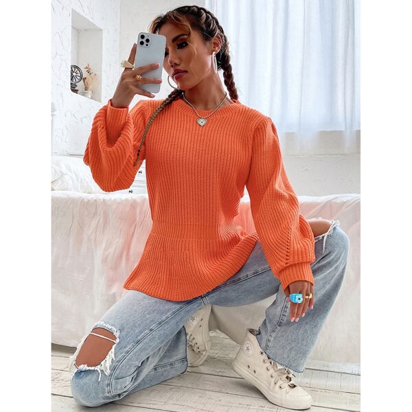 

Ribbed Knit Ruffle Hem Drop Shoulder Sweater, Orange