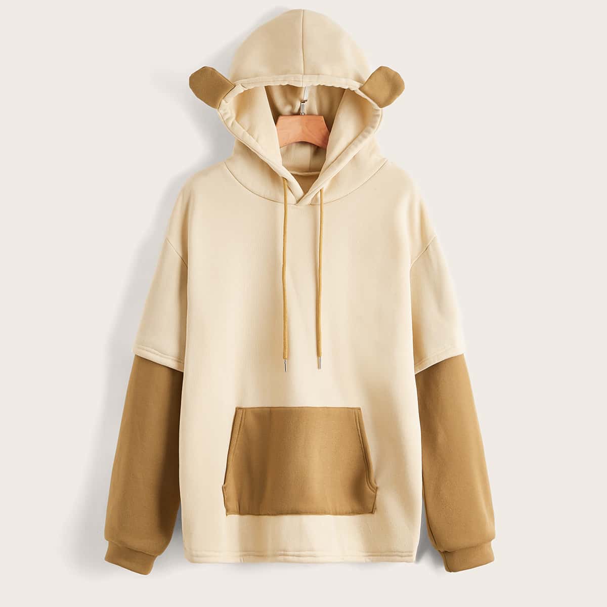 

3D Ear Colorblock Drawstring Pocket Hoodie, Multicolor