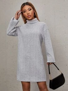 SHEIN Essnce Mock Neck Rib Knit Dress - Light Grey - View 4