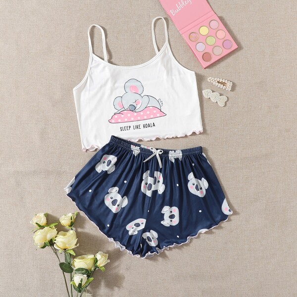 

Koala Print Lettuce Trim Cami PJ Set, Blue and white