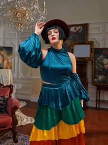 KASHMIR Plus Cold Shoulder Lantern Sleeve Satin Top - Teal Blue - View 3