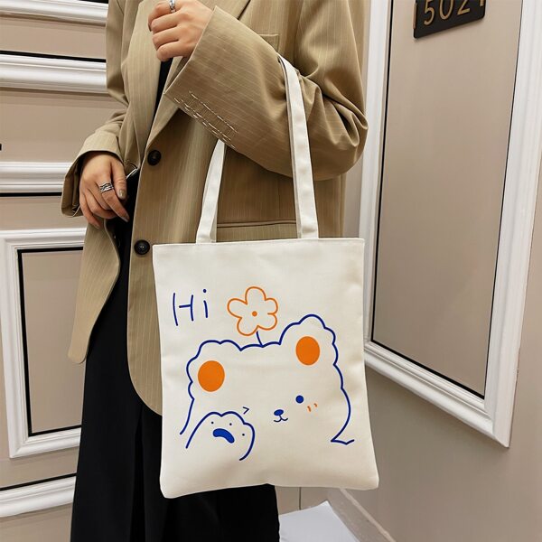 Cartoon Bear Graphic Tote Bag, White