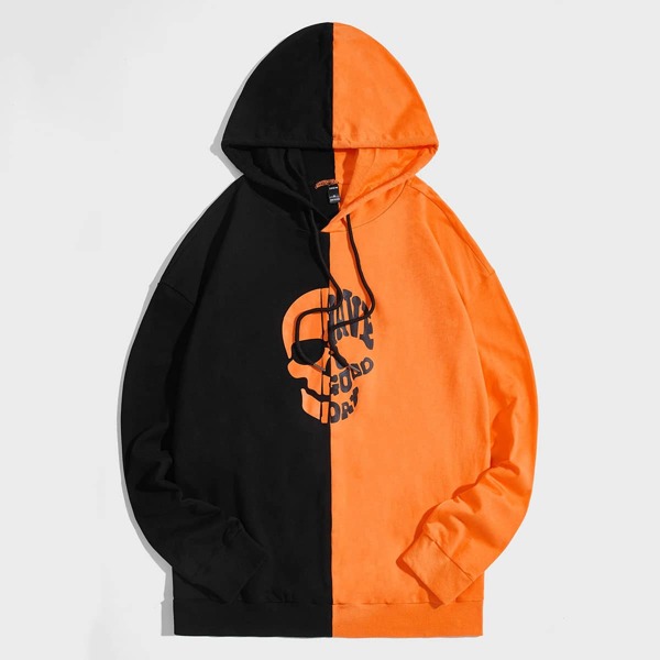 

Men Skull Print Two Tone Drawstring Hoodie, Multicolor