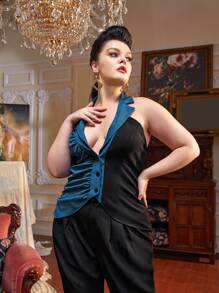 Valeria Nicole Plus Two Tone Lapel Neck Ruched Halter Top - Multicolor - View 3