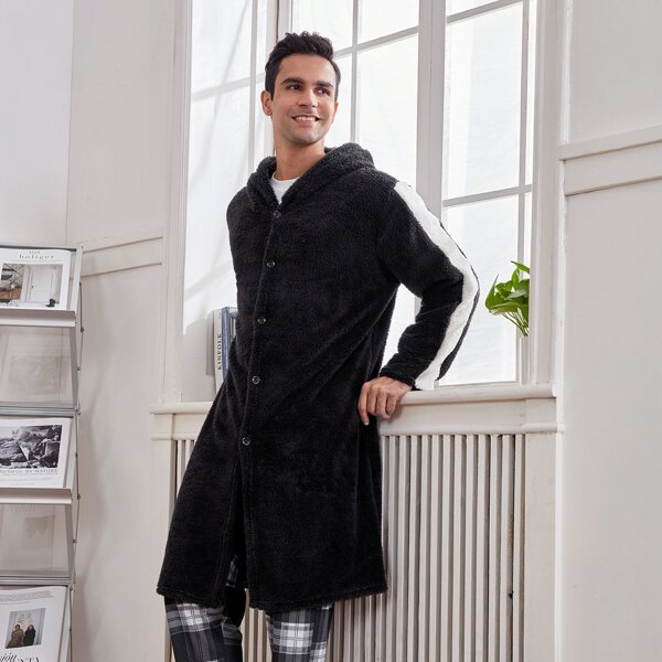 

Men Button Front Teddy Hooded Robe, Black