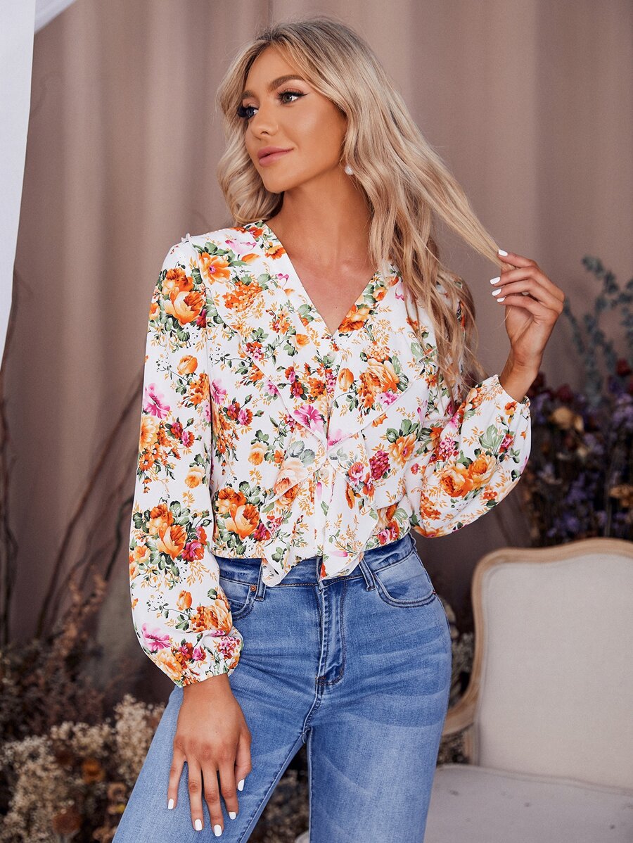 Women Blouses Ruffle Bunga All Over Print Boho - MultiWarna - View 1