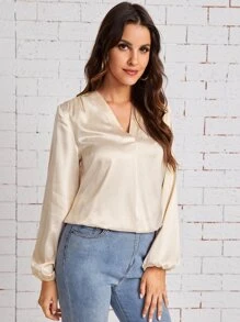 SHEIN V-neck Lantern Sleeve Satin Blouse