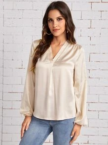 SHEIN V-neck Lantern Sleeve Satin Blouse