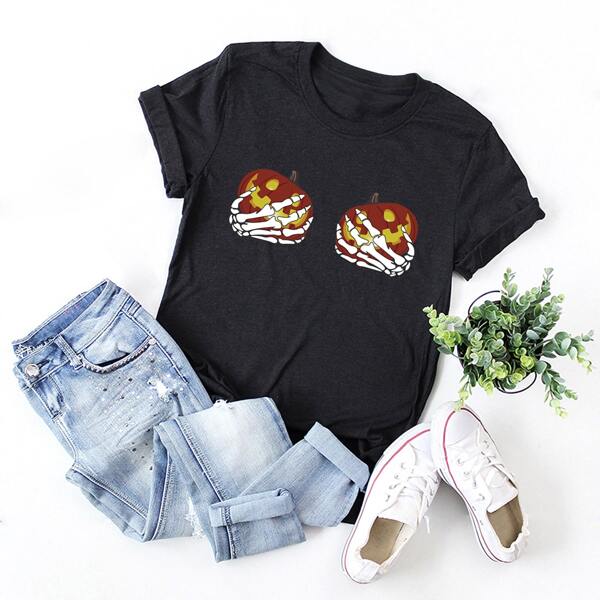 

Halloween Skeleton And Pumpkin Print Crew Neck Tee, Black