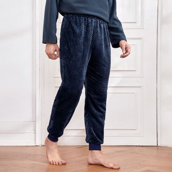 

Men Solid Elastic Waist Teddy Lounge Pants, Navy blue